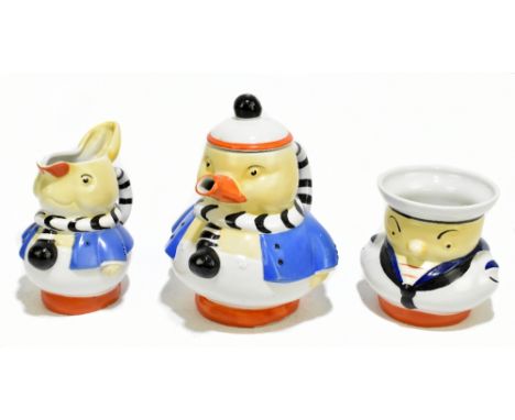 MABEL LUCIE ATTWELL FOR SHELLEY; a three piece nursery rhyme animal form tea service, printed marks and numbered 724421 to ba