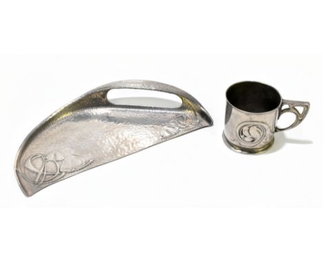 ARCHIBALD KNOX FOR TUDRIC PEWTER; an Arts & Crafts pewter crumb tray with cast decoration on a planished ground, impressed ma