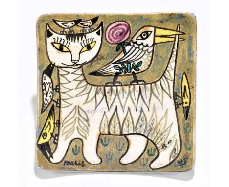 MARI SIMMULSON FOR UPSALA-EKEBY; a ceramic footed bowl with enamelled decoration of a stylised cat and birds, impressed mark 