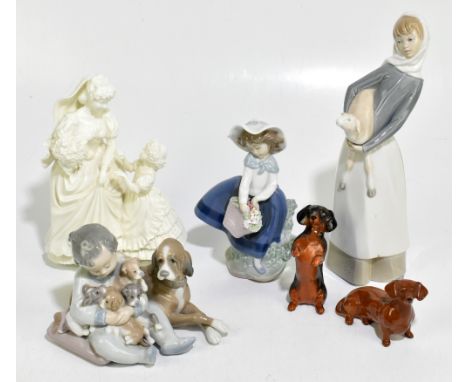 LLADRO; three figures including a girl cradling a lamb, height 29cm and two Beswick dachshunds and a Royal Worcester figure '