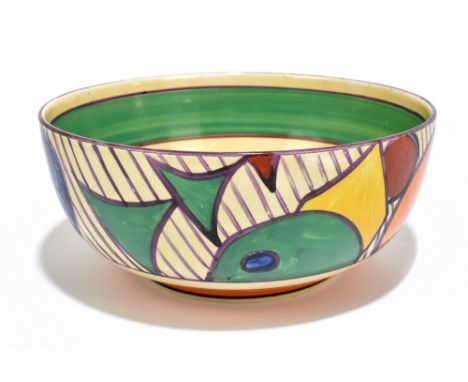 CLARICE CLIFF; a Fantastic footed bowl decorated in the 'Fruit' pattern, circa 1929-30, height 9cm, diameter 21cm.Additional 