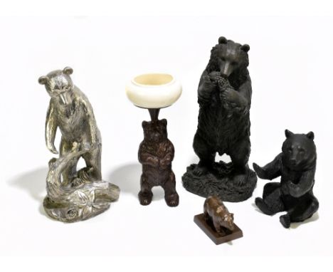 A collection of five bear sculptures including a chrome plated example stamped 'Laminatoga', height 24cm, a bronzed spelter e