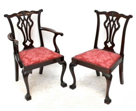 A set of eight Edwardian mahogany framed Chippendale-style dining chairs, with carved backs and drop-in seats, raised on fron