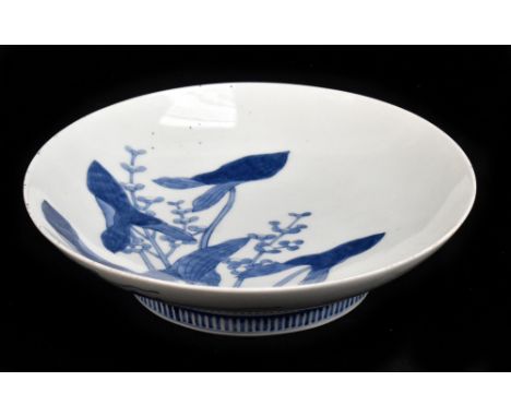 A Japanese blue and white shallow dish, the interior decorated with an arrowhead leafed pond plant, and flowers, the undersid