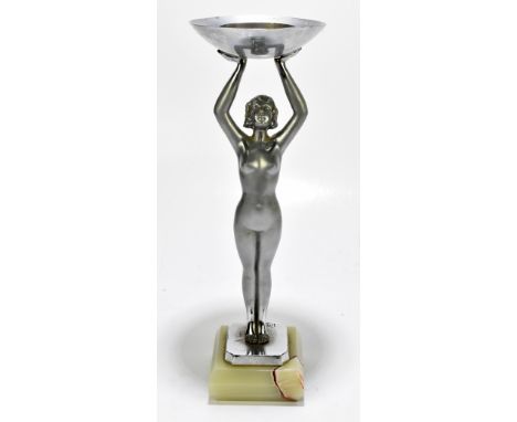 LIMOSIN; an Art Deco chrome spelter figural table lamp, modelled as a nude maiden supporting the circular shade holder, raise