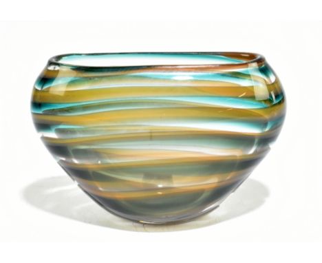 FLORIS MEYDAM FOR LEERDAM UNICA GLASS; a contemporary vase of ovoid form with internal amber and green linear decoration, sig