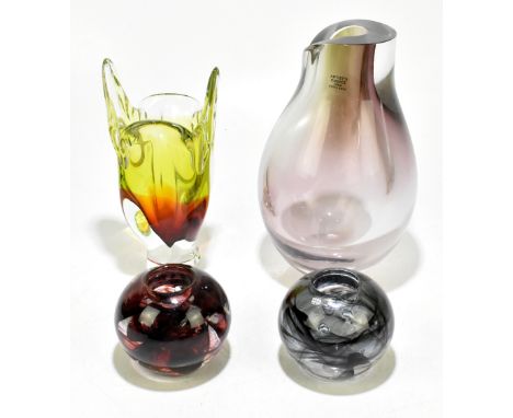 GORAN WARFF FOR KOSTA; an artist's choice vase of baluster form, height 28cm and two Kosta Boda bulbous glass inkwells and a 