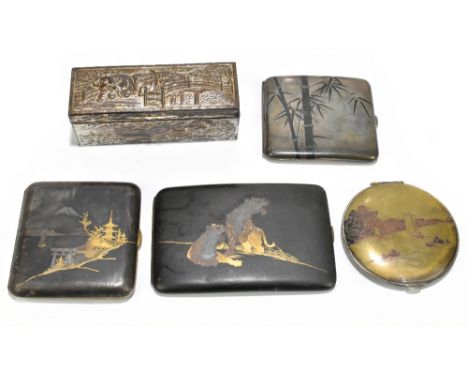 A Chinese 950 silver cigarette case with niello decoration depicting bamboo, approx. 82.4g, and two base metal cigarette case