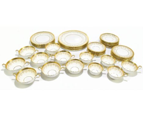 AYNSLEY; a 'Gold Dowry' pattern forty-six piece part dinner service comprising six dinner plates, six dessert plates, six sid