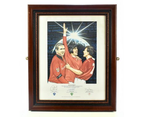 MANCHESTER UNITED; framed print 'Seventh Heaven', bearing autographs of Eric Cantona, George Best and Brian Robson, 50 x 39cm