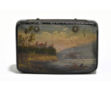 A Victorian Russian papier-mâché snuff box, with hand painted landscape scene, with original label to the interior, width 5.7
