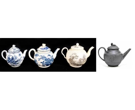 An 18th century cream ware teapot of bulbous form with printed decoration depicting figures on a horseback in a country setti