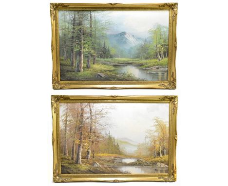 JAMES; pair of oils on board, river and woodland scenes, each signed, 49.5 x 75cm, framed (2).Additional InformationBoth with