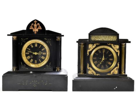 Two 19th century black slate eight day mantel clocks, each of architectural form and with a Roman numeral dial and French mov