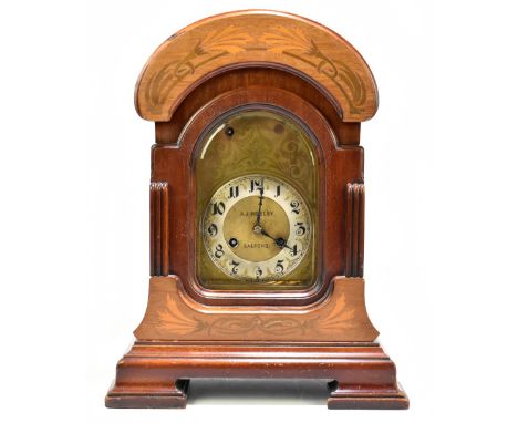 A.J. HOBLEY SALFORD; an inlaid mahogany eight day hour and quarter chiming mantel clock, engraved brass dial with silvered Ro