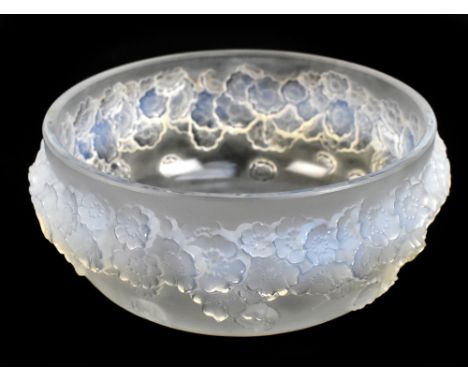 RENE LALIQUE; an opalescent and frosted glass bowl 'Primavera', impressed signature to the underside, height 7cm, diameter 16