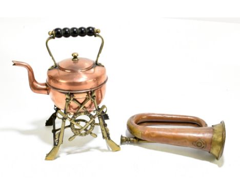 A military brass trumpet for the George Potter &amp; Company of Aldershot, length 26cm, also an unusual copper kettle raised 