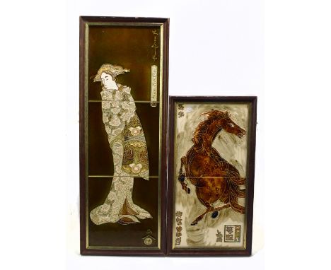Two Japanese tile panels, the first a three section ceramic tile panel decorated with a geisha, framed, 64.5 x 24cm, the othe