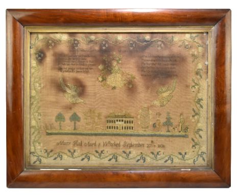 A 19th century needlepoint sampler, decorated with a Georgian building in landscape setting with verses, by Mary Hall aged 9 