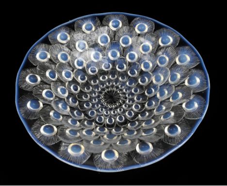 RENÉ LALIQUE (1860-1945); an opalescent glass bowl 'Plumes de Paon', signed R Lalique France to centre, diameter 29cm.Additio