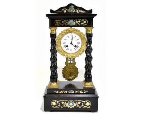 A 19th century French brass inlaid and ebonised portico clock, with enamel Roman numeral dial and movement striking on a bell