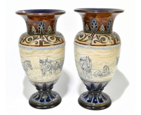 HANNAH BARLOW FOR DOULTON LAMBETH; a near pair of art ware vases, the central bodies with incised decoration with farm animal