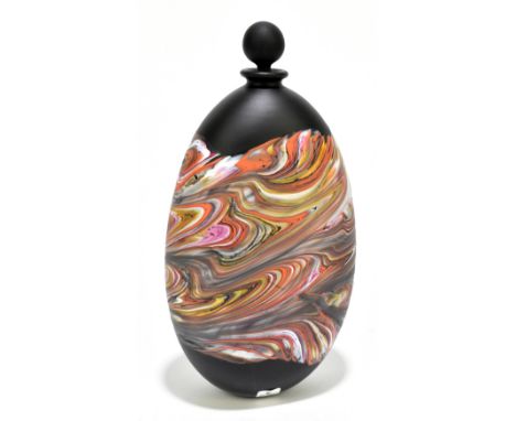 ISLE OF WIGHT GLASS; an unusual contemporary perfume bottle and stopper of ovoid form, with multi-coloured swirled decoration