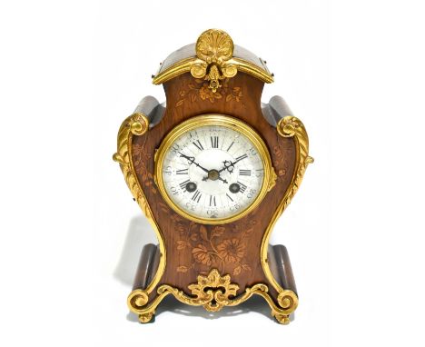 A late 19th century French rosewood and marquetry inlaid eight day mantel clock, with ormolu mounts and movement by S Marti, 