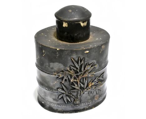 WANG HING; a Chinese silver tea caddy of barrel form, relief decorated with bamboo, impressed marks and 90 to underside, with