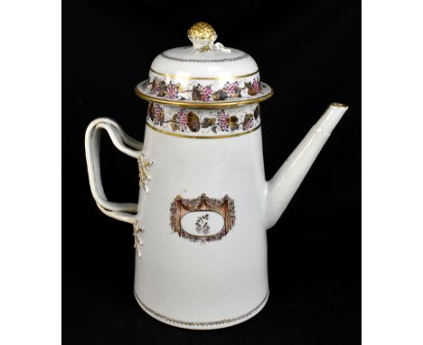 An 18th century Chinese Export porcelain coffee pot and associated cover, the cover with moulded bayberry, painted with a bor