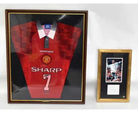 DAVID BECKHAM; a signed Manchester United Umbro ‘Theatre of Dreams’ shirt, 86cm x 72.5cm, with a photographic print of David 