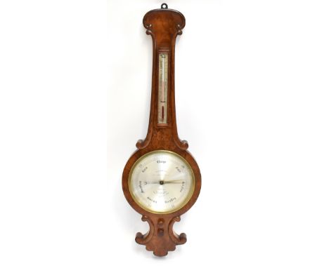 J L CASARTELLI; a 19th century burr walnut banjo barometer of large proportions, with silvered dial, height 107cm, diameter o