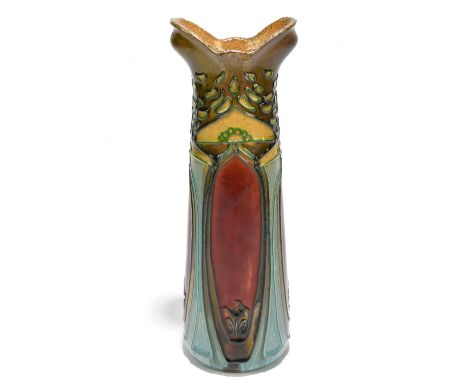 MINTONS; a Secessionist range vase of tapering cylindrical form with an ovoid neck, tube lined with Art Nouveau detail, heigh