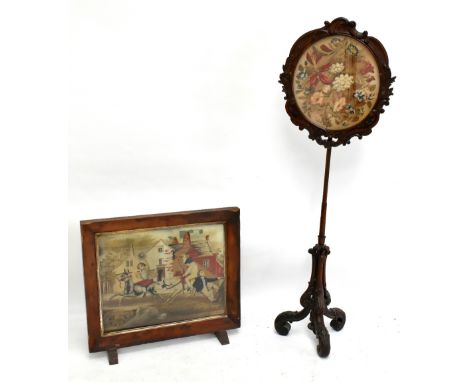 A Victorian carved mahogany pole screen, on triform base, height 162cm, together with a 19th century tapestry in a yew wood f