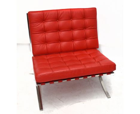 AFTER LUDWIG MIES VAN DER ROHE AND LILLY REICH; a contemporary Barcelona chair with steel frame and red leather cushions.  Ad