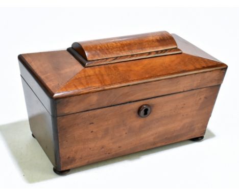 A 19th century satin mahogany sarcophagus tea caddy, with two internal hinged canisters, height 17cm, width 30cm.