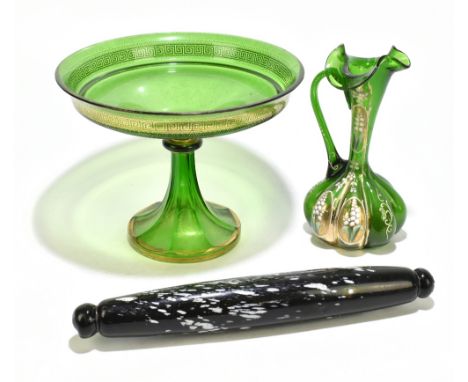 A 19th century Nailsea glass rolling pin, length 35cm, a 19th century Bohemian green glass tazza with Greek key and scrolling