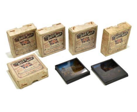 THE BOER WAR; a set of five coloured magic lantern slides, each box containing eight slides of the war from the invasion of N