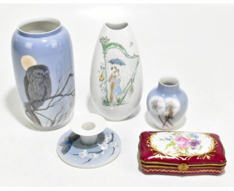 ROYAL COPENHAGEN; a cylindrical vase decorated with a perching owl, height 21cm, two further pieces of Royal Copenhagen compr