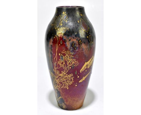 DOULTON; a Sung glazed vase of ovoid form with gilt decoration depicting fish, seaweed and floral decoration, impressed marks