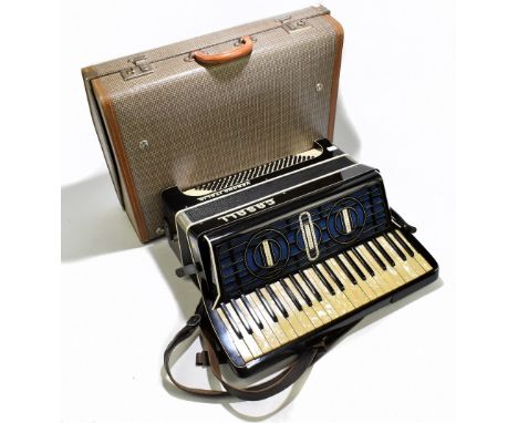 A cased Casali accordion with simulated mother of pearl finish, further inscribed 'Verona, Italia'.