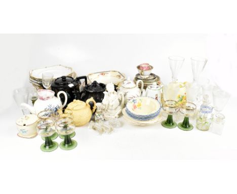 A collection of 19th century and later ceramics and glass ware, including various transfer decorated plates, rummer, Royal Wo