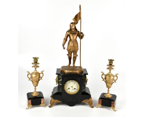 A late 19th century French gilt spelter and marble eight day mantel clock garniture, the clock mounted with a figure of Joan 