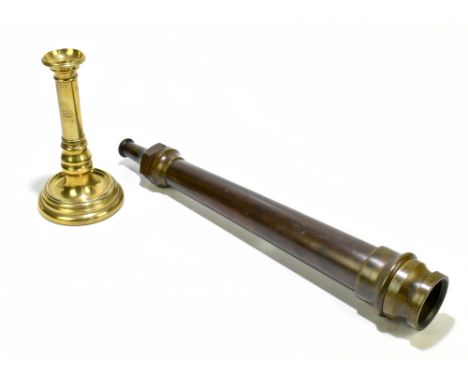 A Victorian brass candlestick, engraved with no.271 and crown above VR, height 22cm, also a Merryweather copper and brass fir