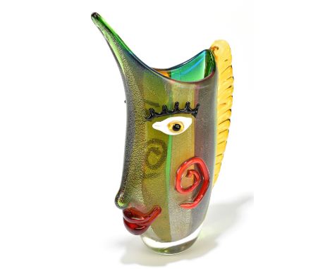 MURANO; a contemporary glass vase with internal linear mottled colours, with applied decoration with Picasso style face, unsi