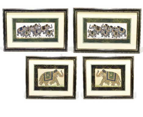 Two pairs of Indian painted textile panels, one pair decorated with walking elephants, 23 x 29cm, the other pair decorated wi
