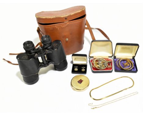 GREENKAT; a pair of 10 x 50 field binoculars, cased, and assorted costume jewellery including a gilt metal compact with the J