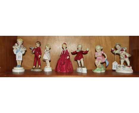 Seven Royal Worcester figurines: 'Grandmother's Dress' 3081, 'Parakeet' (wing repaired) 3087, 'Only Me' 3226, 'Monday's Child