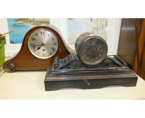 A Victorian two-colour marble mantel clock with French bell-striking drum movement, (a/f), 25cm high, 44cm wide and a gong-st