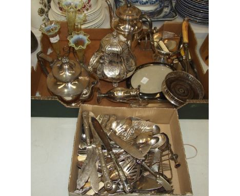 A plated epergne with four Vaseline glass spills, three plated teapots, cutlery and other plated ware.